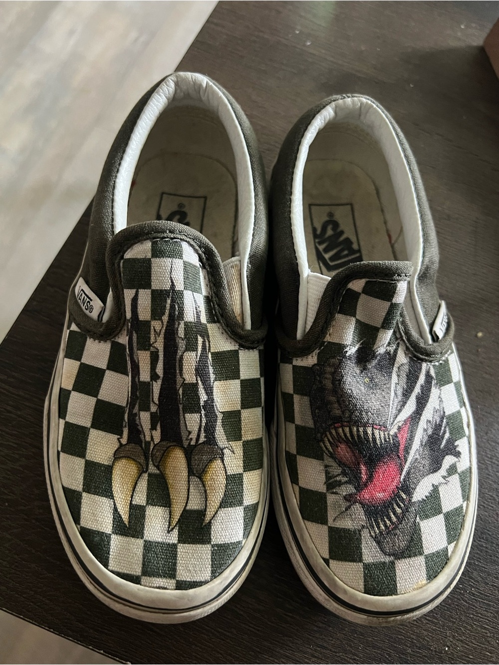 Toddler Vans Green Checkerboard Slip-On Sneakers Jurassic Park T Rex Size 11.5C